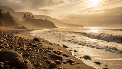 Coastal Landscape with Rocky Beach and Golden Light