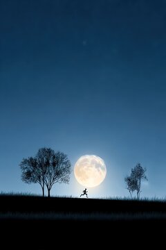 Silhouette runner under moonlit sky
