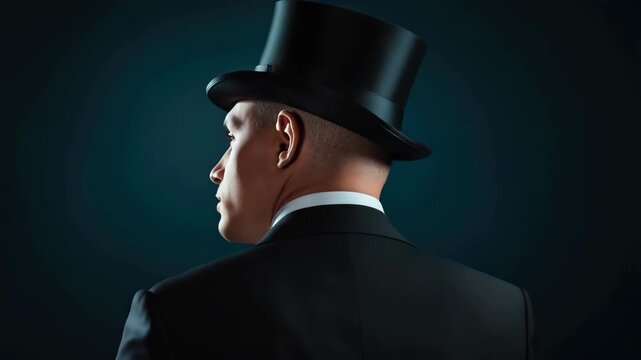 A man in a top hat looking backward, showcasing his fashionable style and vintage attire.