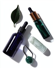 Obraz premium Gua Sha, face roller, essential oil bottles, and leaf on white b