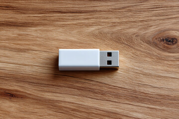 A minimalist top view of a white USB flash drive or wireless dongle adapter lying on a natural brown wood grain texture background.