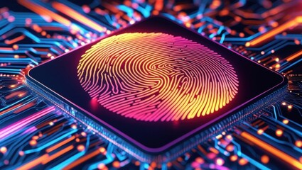 A vibrant, digital fingerprint design overlays a circuit board, symbolizing technology, security, and identity.