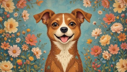 A cheerful dog illustration surrounded by colorful flowers, showcasing a vibrant and playful atmosphere.
