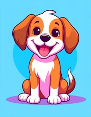 A cheerful cartoon dog with orange and white fur, sitting happily against a bright blue background, exuding playfulness and charm.
