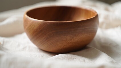 Elegant Handcrafted Wooden Bowl on Soft White Linen Fabric Still Life Composition