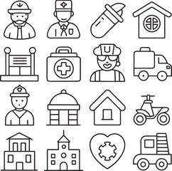 Simple Line Icons:  Community, Healthcare, and Emergency Services Symbols