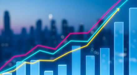 Abstract Financial Growth Chart with Rising Lines Over Blurred Cityscape in Blue Pink and Yellow Tones