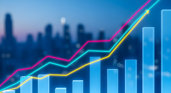 Abstract Financial Growth Chart with Rising Lines Over Blurred Cityscape in Blue Pink and Yellow Tones - Powered by Adobe