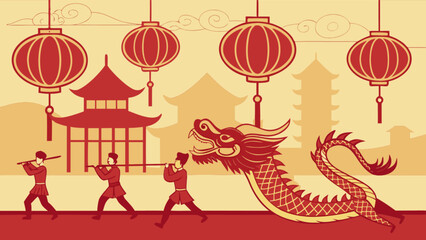 Naklejka premium Celebrate chinese new year with dragon dance parade festival and traditional red lanterns vector illustration