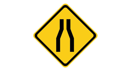 Road narrows traffic warning sign. Yellow diamond symbol indicating a narrowing lane ahead for driver safety.