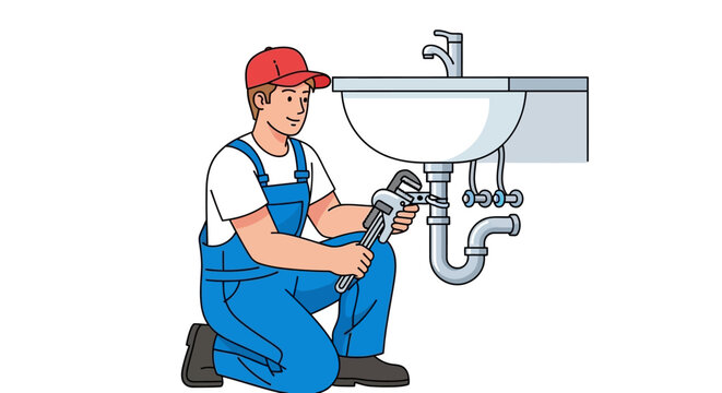 Professional plumber character fixing a leaky sink pipe with a monkey wrench. Illustration of home maintenance and repair services.