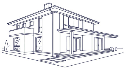 Modern house design architectural drawing two story home with balcony and porch vector illustration