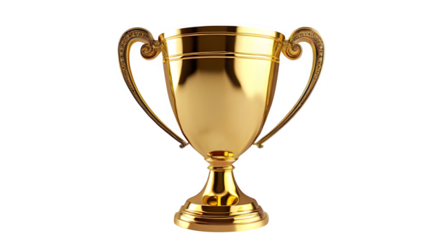 A golden trophy cup sitting alone on a white background. It's an award for a sports tournament, representing victory and success. This is a 3D rendering illustration.