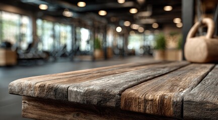 Rustic wooden surface, blurred gym background
