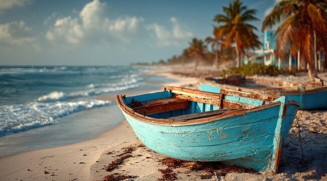 Weathered blue boat on a tropical beach at sunset (1)