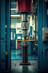 Industrial metal testing machine.  Vertical press,  focus on specimen,  blue factory setting