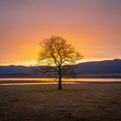 Lone tree silhouette at sunset with vibrant sky reflected in lake creating a peaceful golden landscape