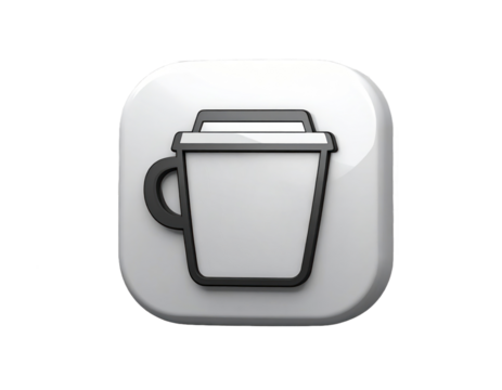 Coffee Cup Icon in Black and White on a Square With Soft Shadow Isolated Transparent Background