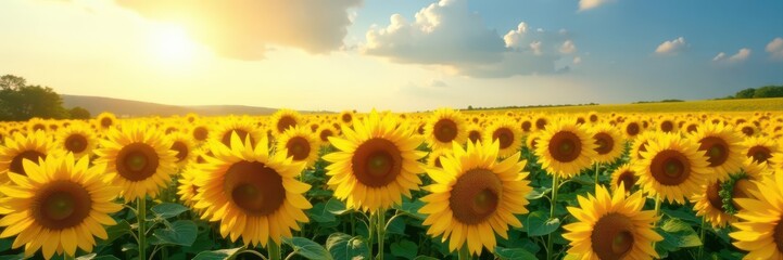 Vast sunflower field, golden blooms under sunny sky, flora, sunny
