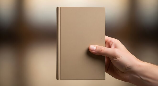 Hand displaying a blank beige book cover offering boundless storytelling potential