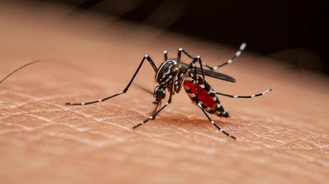 Striped Mosquito Sucking Blood on Skin Close Up. World Mosquito Day