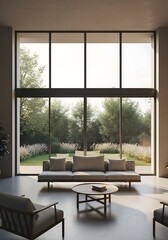 Fototapeta premium Serene living room with panoramic view creating a calming atmosphere and bright interior