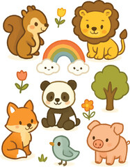 A fun set of cute cartoon animal illustrations including a baby bear, koala, and dog is perfect for kids