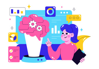 Machine Learning Vector Illustration featuring Artificial Intelligence Jobs, Scientists Working with Big Data and Technology Engineers in a Background