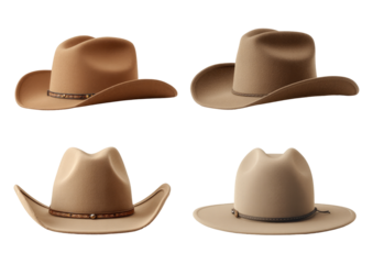 Four tan cowboy hats, presented in a grid, showing different views. Each hat features a slightly curved crown, a wide brim, and a simple tan leather or suede band
