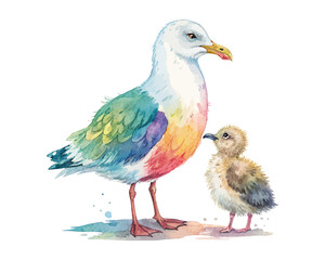 watercolor mother seagull with her kid vector illustration isolated on white background
