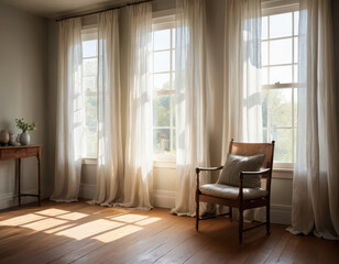 Obraz premium Interior sunlight with chair: The soft natural light streaming through the windows illuminates an empty room, a wooden chair and sheer curtains create a serene ambiance of calm and ease.