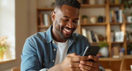 Smiling man using smartphone in cozy home setting
