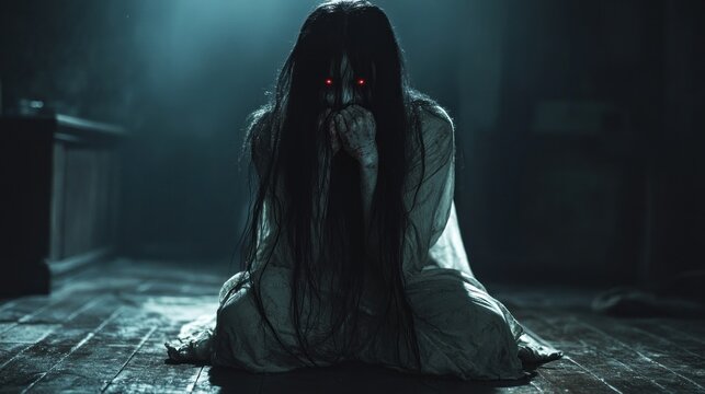 Scary supernatural woman in a dark room
