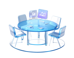 Futuristic Meeting Room with Transparent Round Table and Six Chairs Digital Displays and Business Elements Isolated Transparent Background