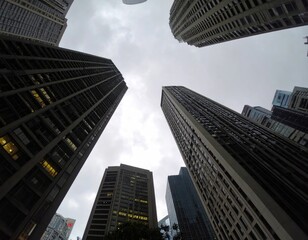 Naklejka premium Low-angle view of several modern skyscrapers against a pale sky.
