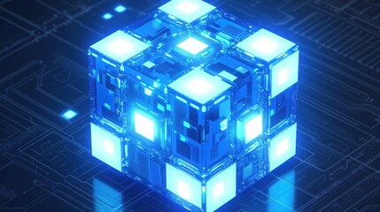 Obraz premium Glowing blue cube on circuit board