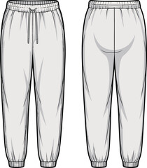 Blank Gray Jogger Pants Vector Illustration, Technical Fashion Flat Sketch, Customizable Design Template, Comfortable Sportswear Apparel, Ideal for Product Mockups.