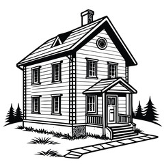 Black and white illustration of a wooden house with trees