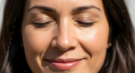 Dreamy woman with closed eyes in sunlight radiates peacefulness and relaxation concept