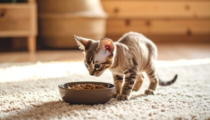Kitten eating dry food from a bowl on a rug, ideal for pet care, nutrition, and animal lifestyle content