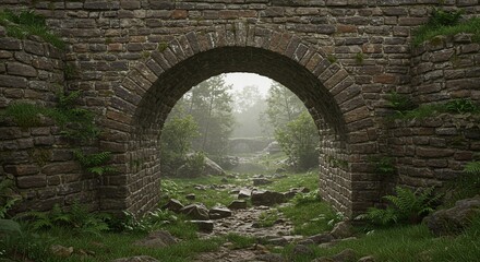 Obraz premium Stone archway nature landscape view with forest trees and river in scenic outdoor environment image