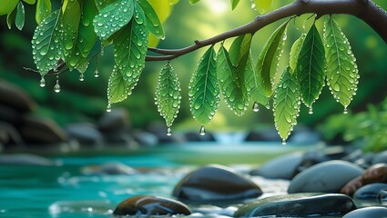 Green leaves with water droplets hanging above a shallow stream with smooth stones leaf