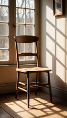 Fototapeta premium Cozy Corner: A vintage wooden chair sits bathed in sunlight, inviting contemplation in a serene interior scene.