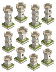 A set of cylindrical castle towers. Isometric. Isolated on white background. Vector illustration.