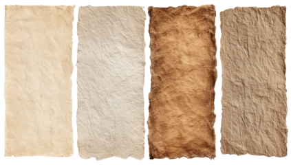 Four textured paper rectangles in varying shades of beige and brown, with irregular edges