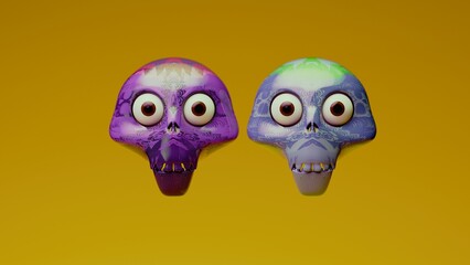 Pair of patterned decorative skull figurines on orange background