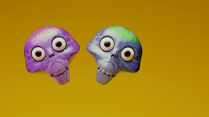 Pair of patterned decorative skull figurines on orange background