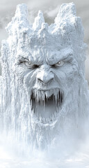 Fierce and terrifying snow monster with icicles in its mouth and glowing red eyes