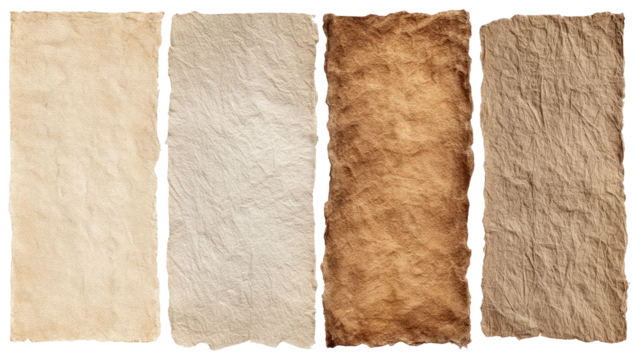 Four textured paper rectangles in varying shades of beige and brown, with irregular edges