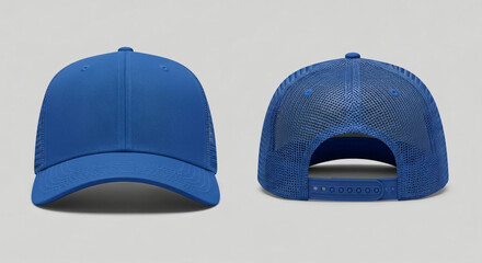 3D realistic mockup showcasing a blue cap from front and back views with detailed mesh design for product presentation and branding opportunities